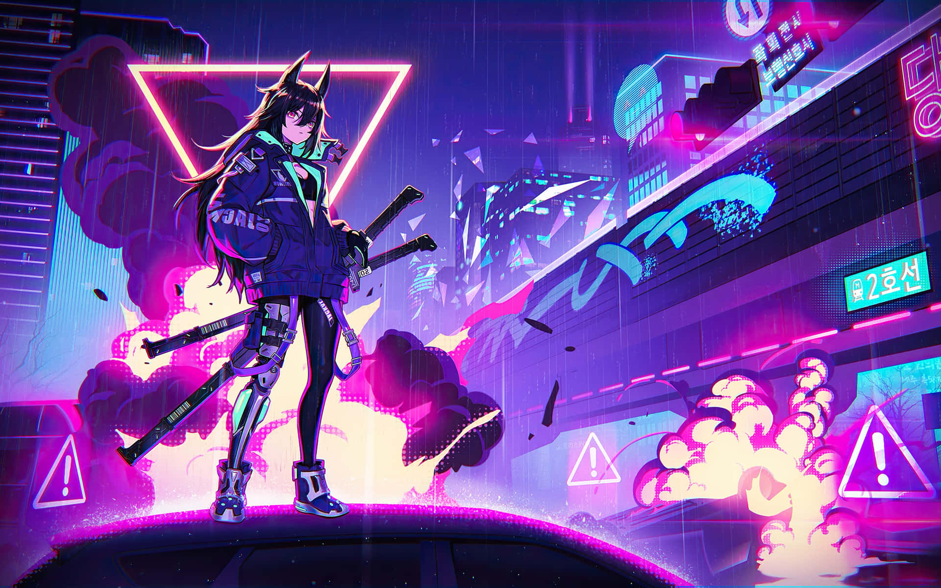 Cyberpunk Anime Girlin Neon City Background