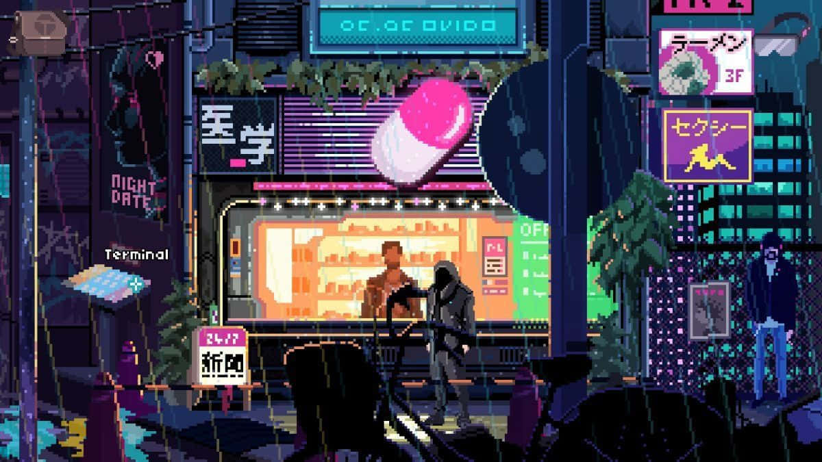 Cyberpunk Bakery Rainy Night Pixel Art Background