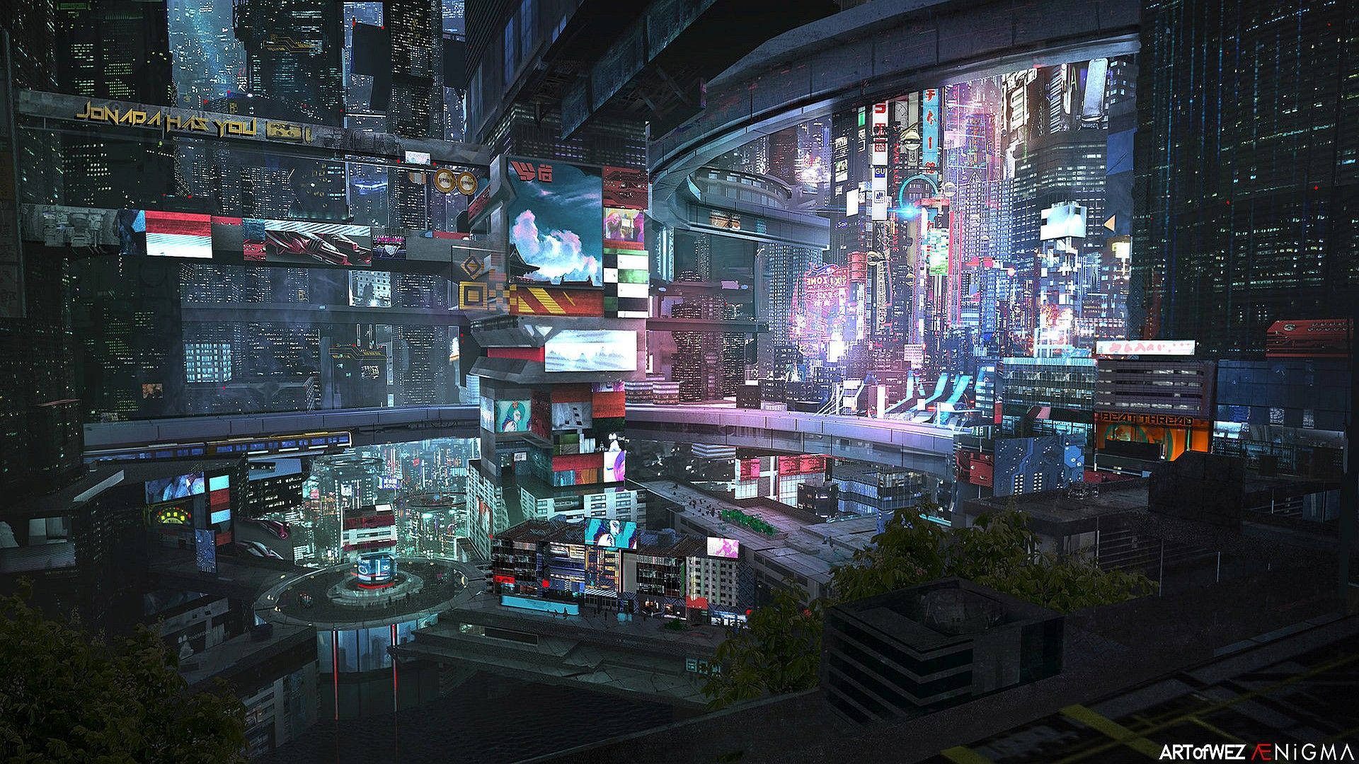 Cyberpunk City Billboards Background