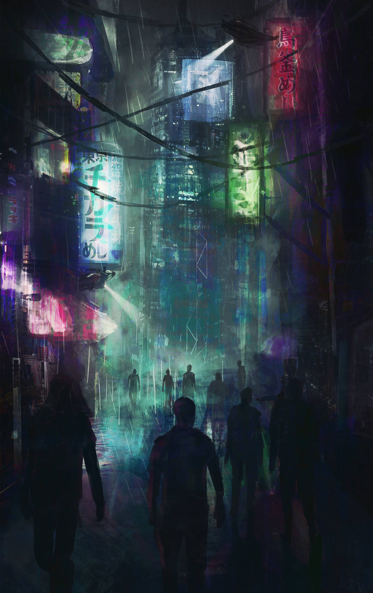 Cyberpunk City Crowded Streets Background