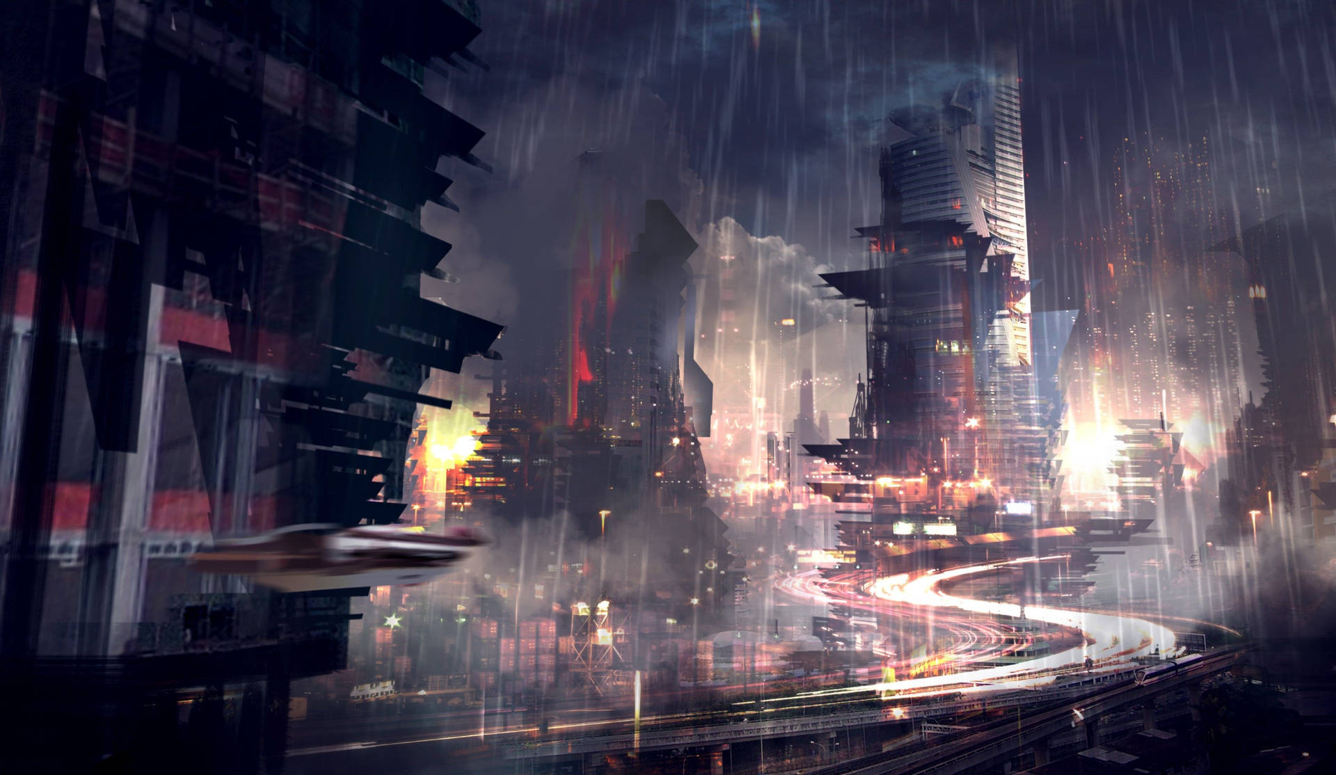 Cyberpunk City Lights In Rain Background