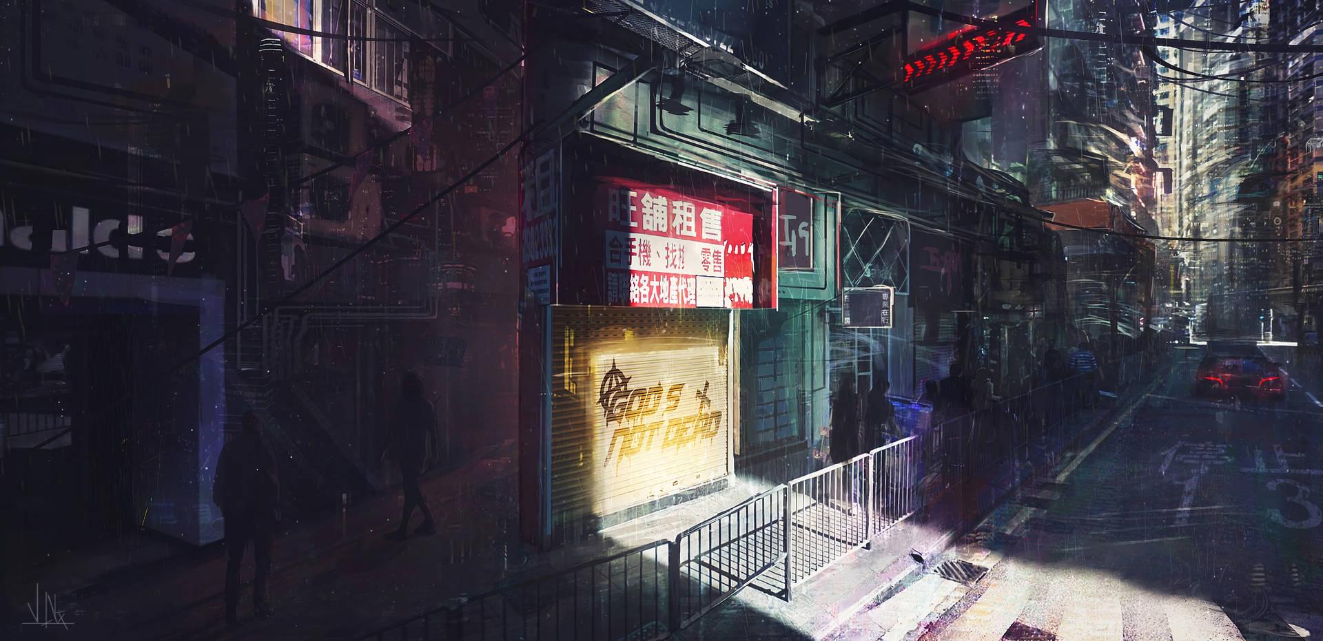 Cyberpunk City Rainy Streets Background