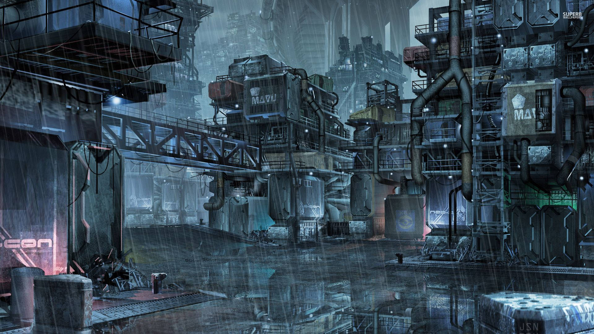 Cyberpunk City Slums Background