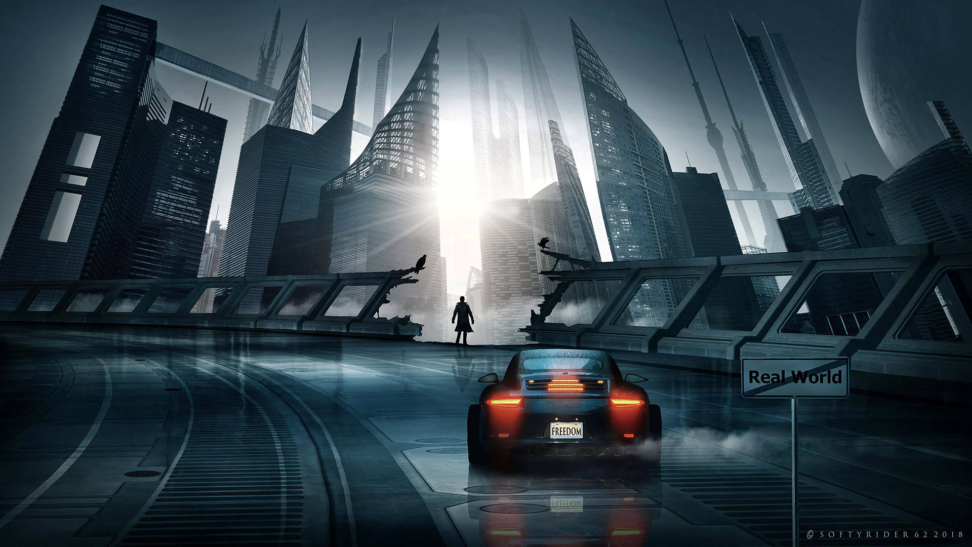 Cyberpunk City Sports Car On Road Background