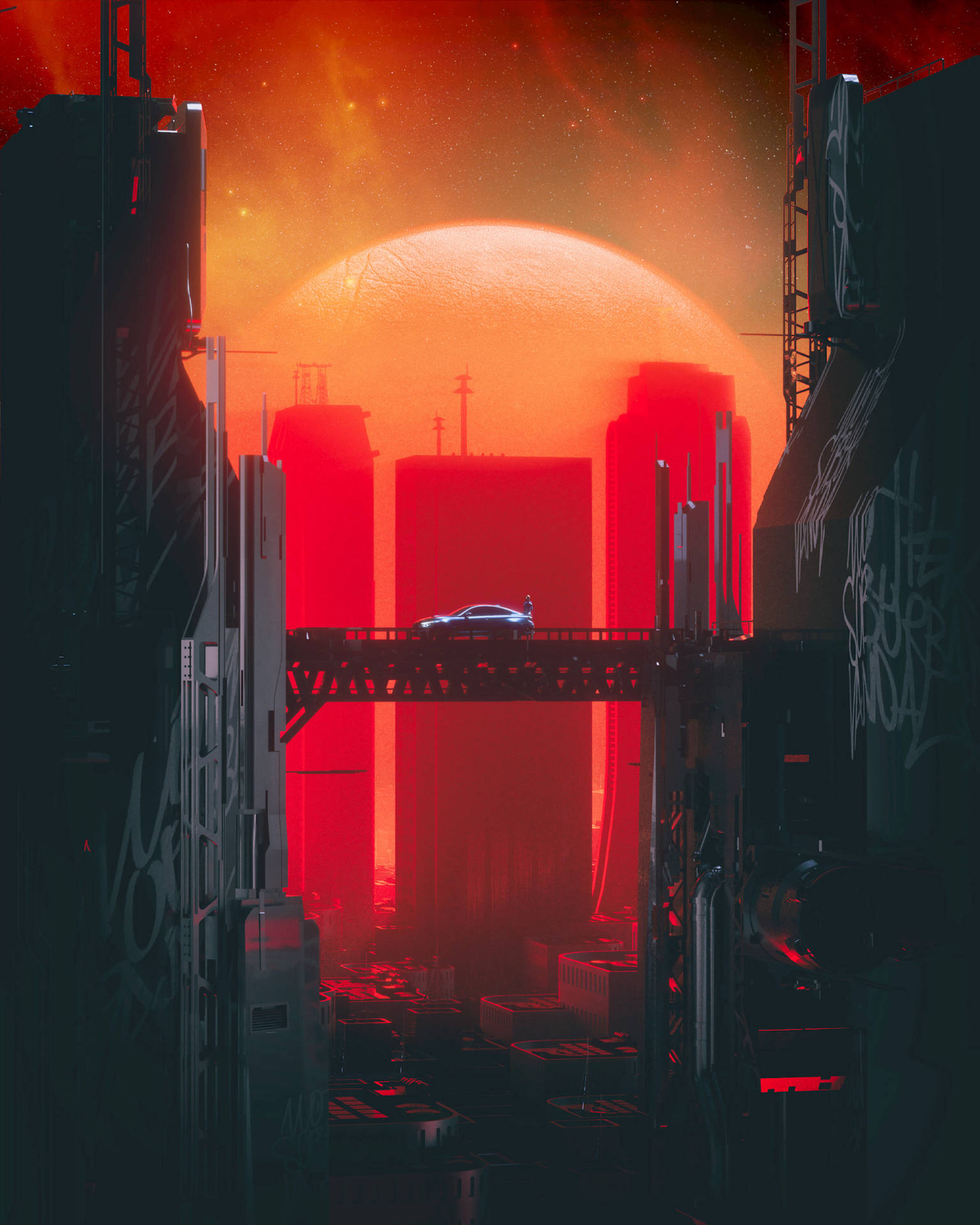 Cyberpunk City Sunset Bridge Background