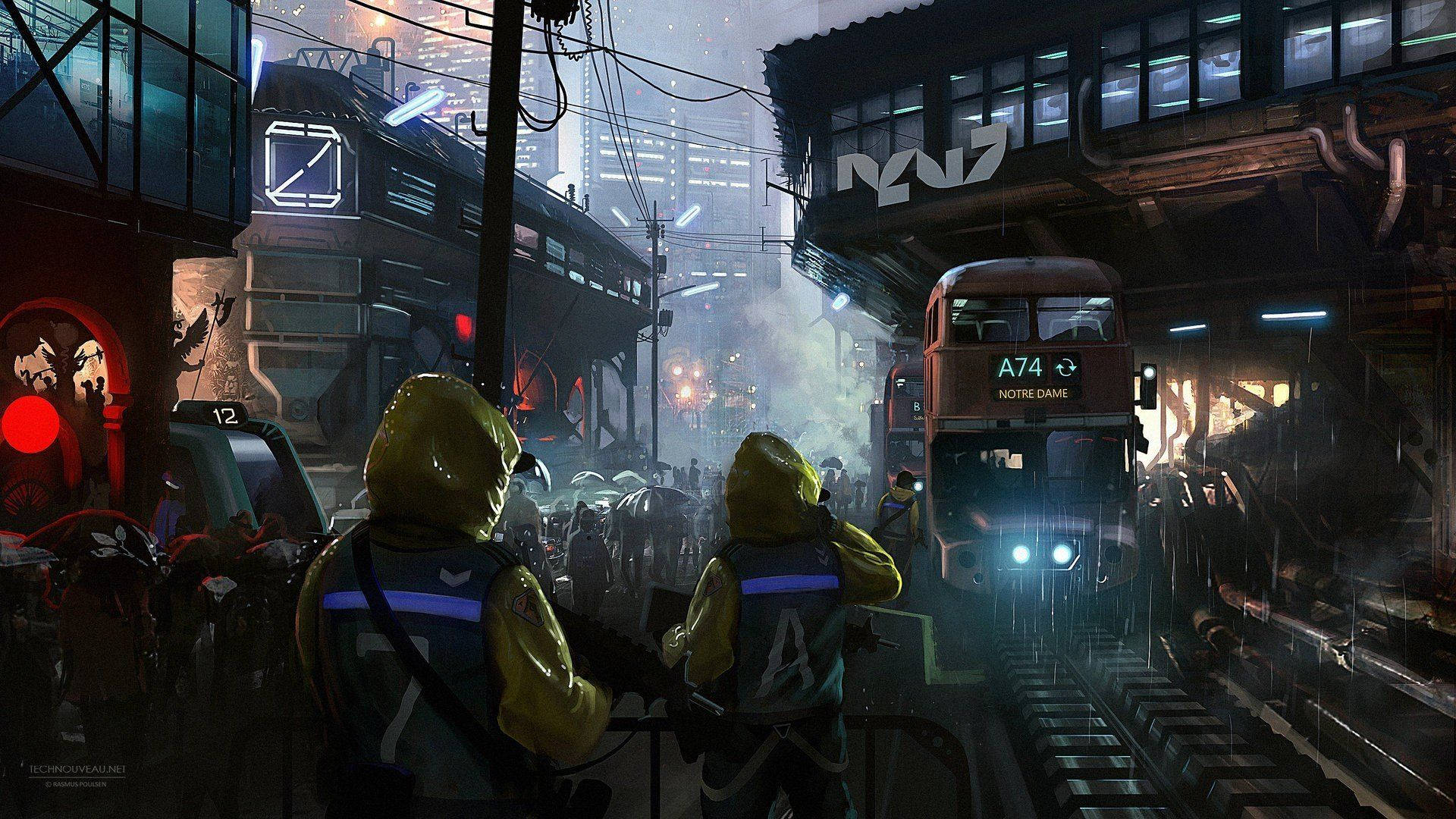 Cyberpunk City Train Station Background