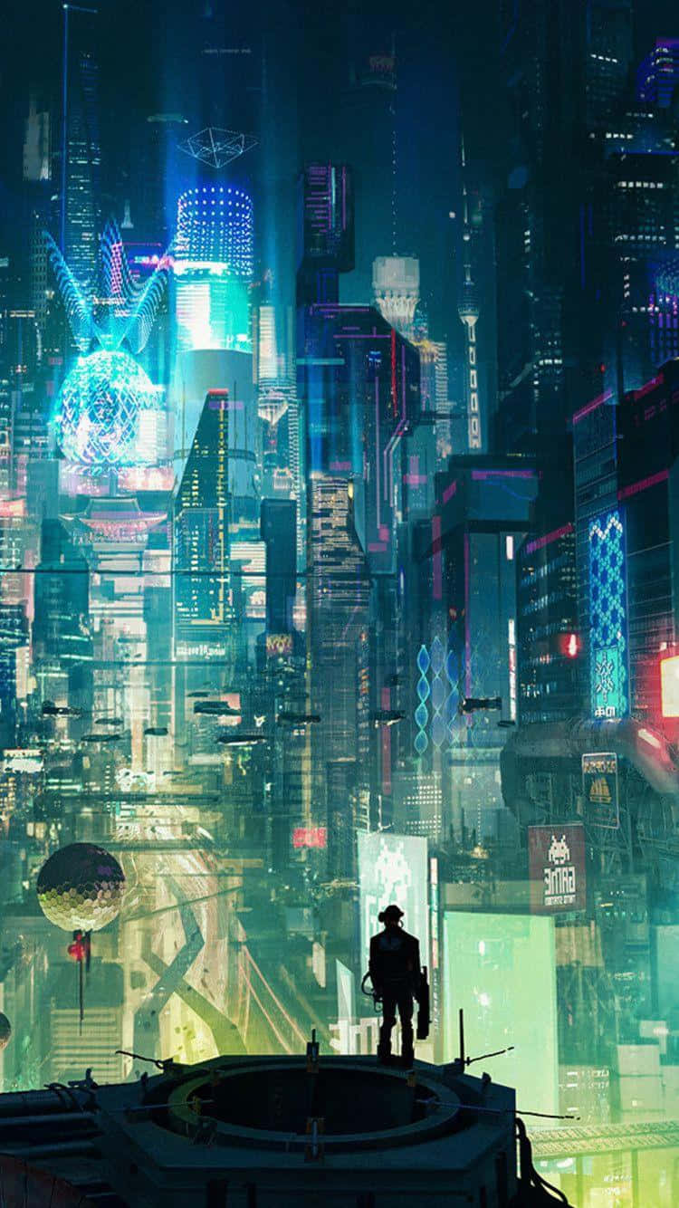 Cyberpunk Cityscape Silhouette Background