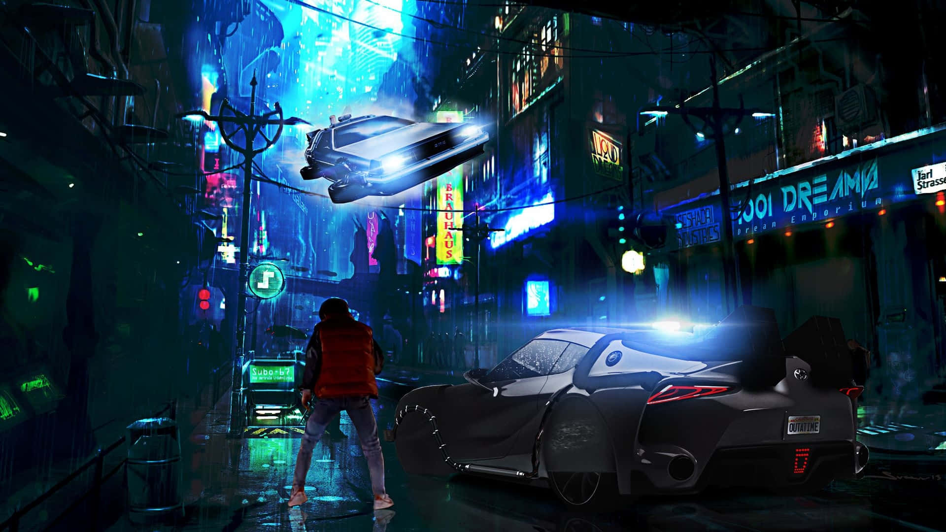 Cyberpunk Futurewith Flying Car Background