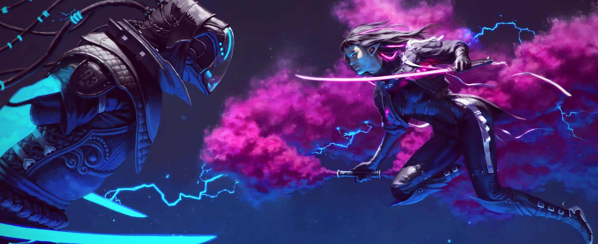 Cyberpunk Girl Pink Smoke Ultra Wide Gaming Background