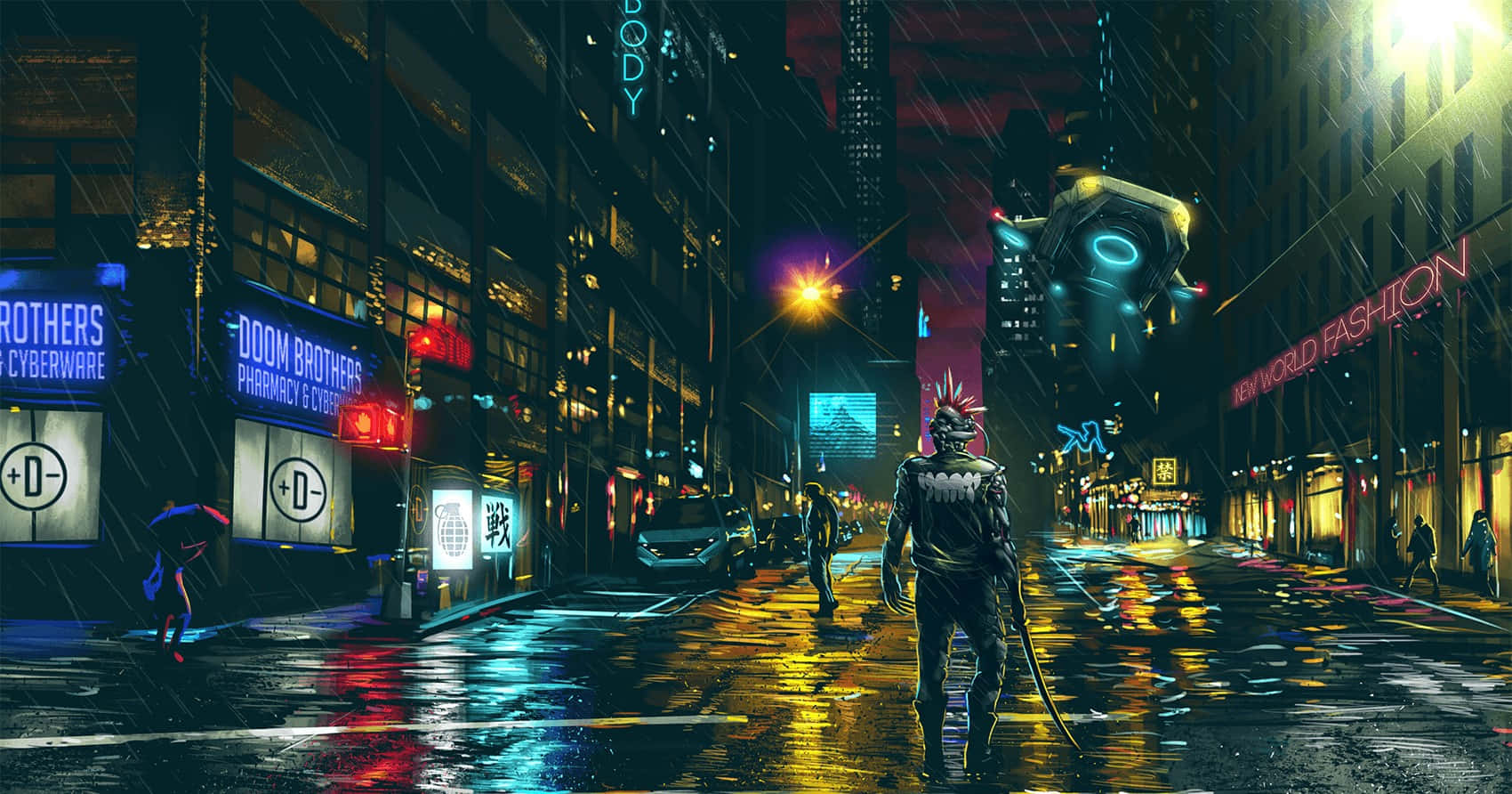 Cyberpunk Laptop With Criminals Roaming Background