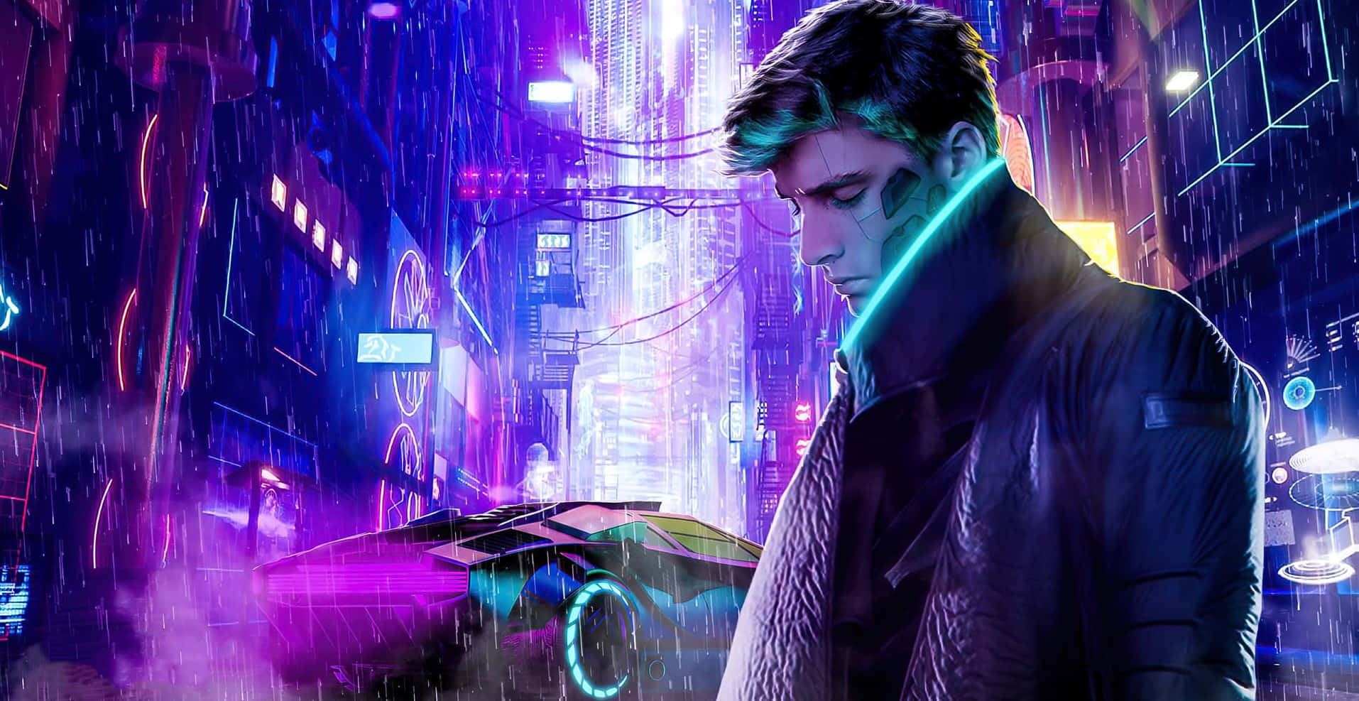 Cyberpunk Laptop With Guy In The Rain Background