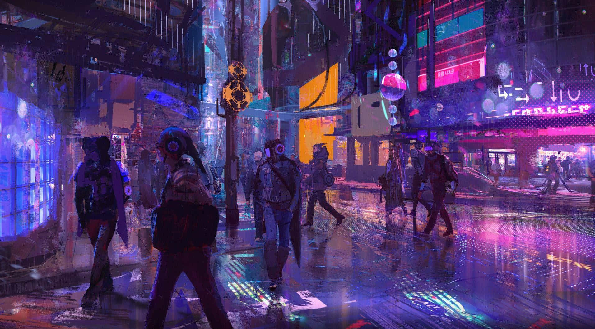 Cyberpunk Laptop With People Crossing Street Background