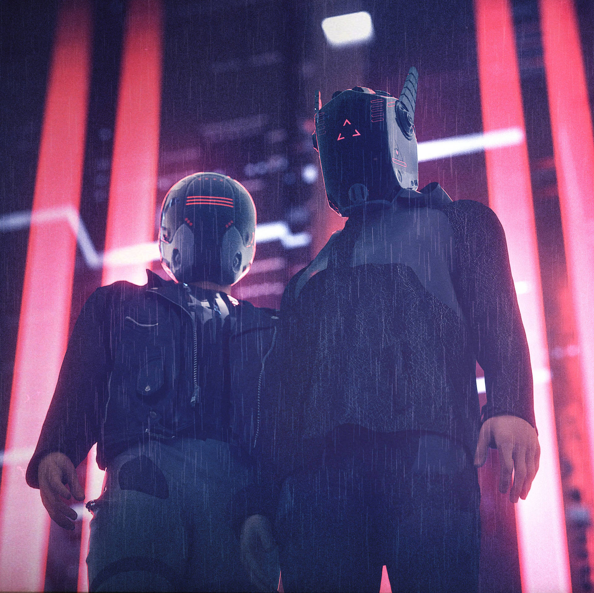 Cyberpunk Men With Advanced Helmets Background