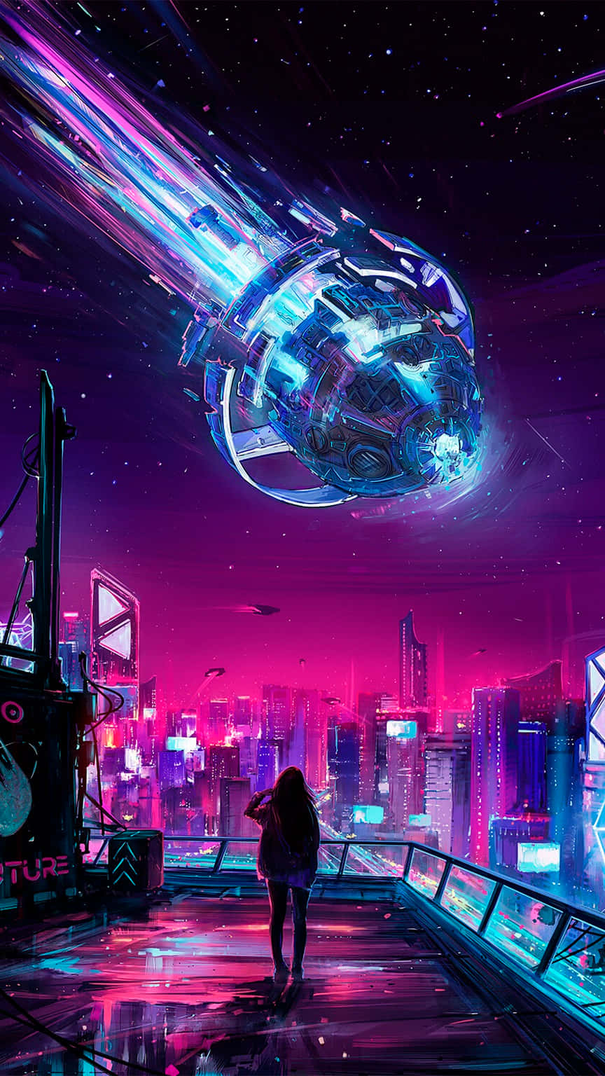 Cyberpunk Meteor Shower Over City Background