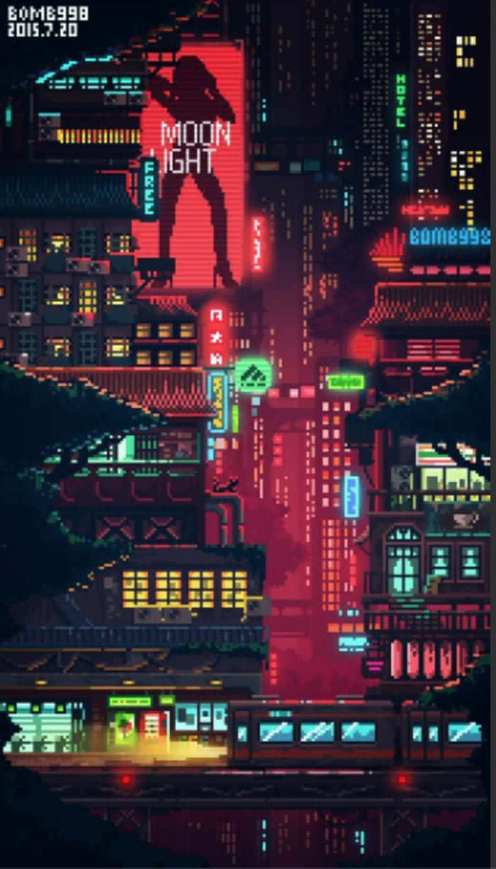 Cyberpunk Metro City Night Pixel Art Background