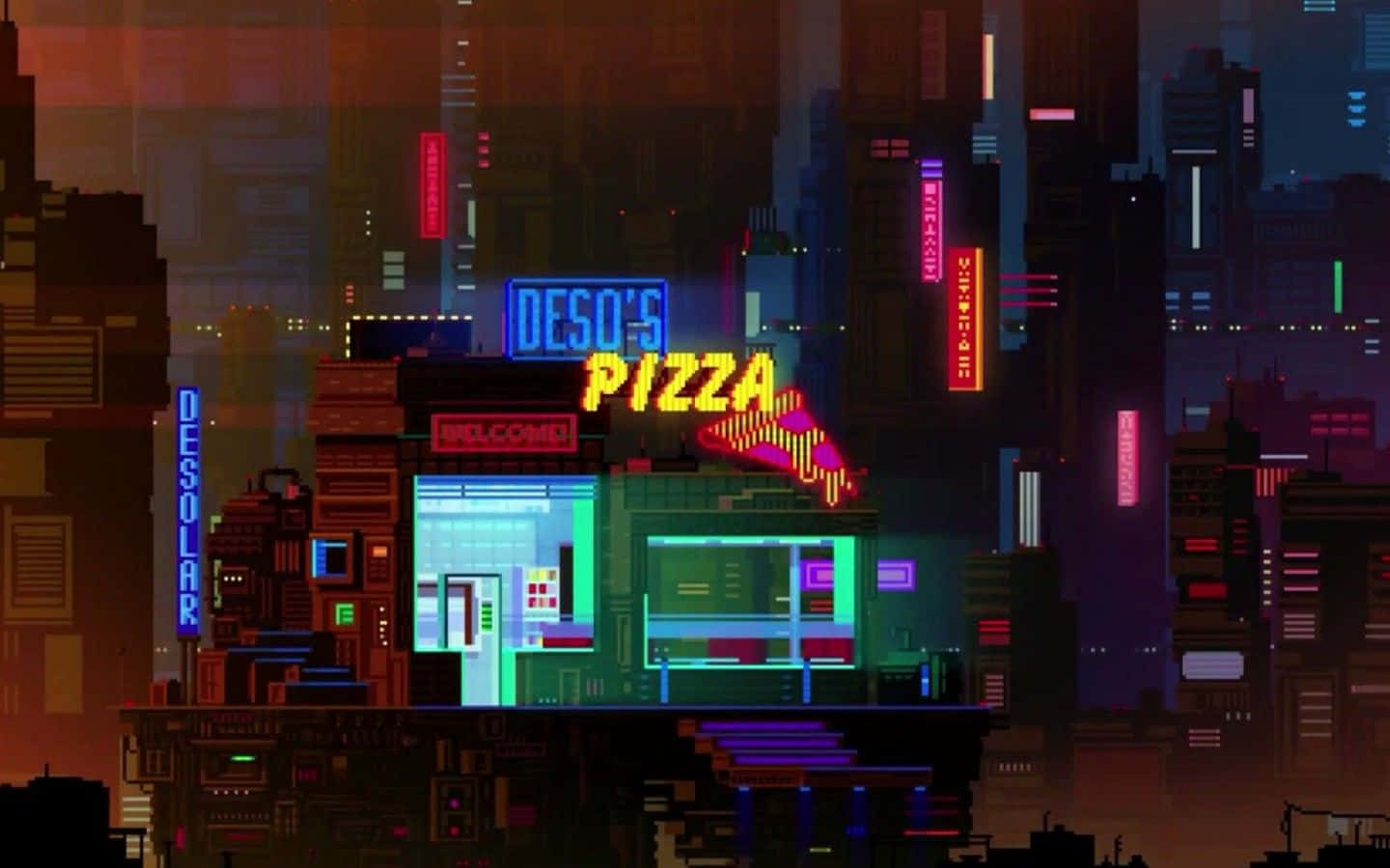 Cyberpunk Pizza Parlor Night Pixel Art Background