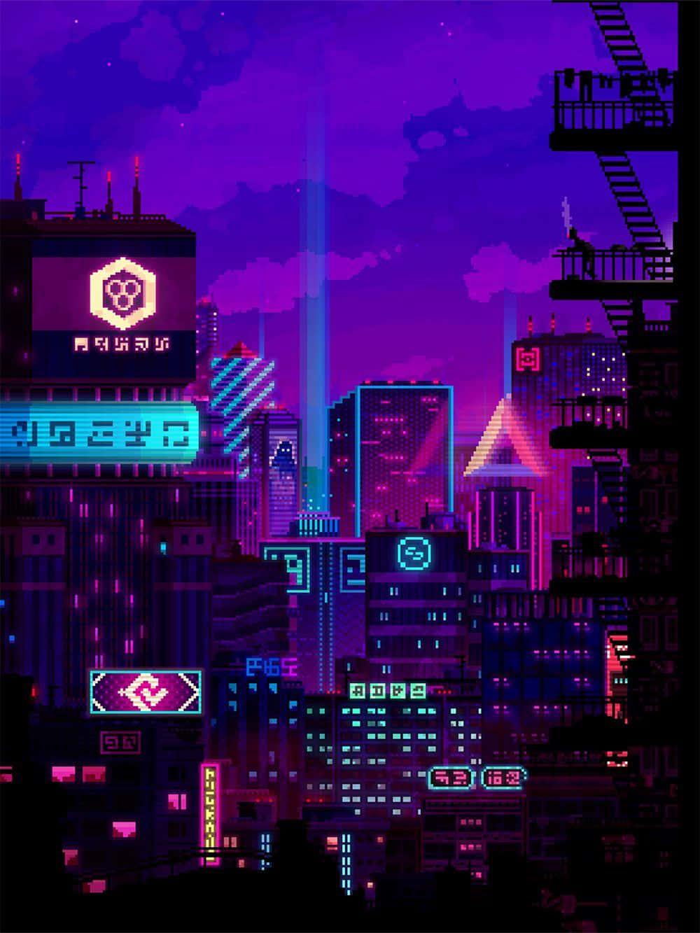 Cyberpunk Purple City Skies Pixel Art Background