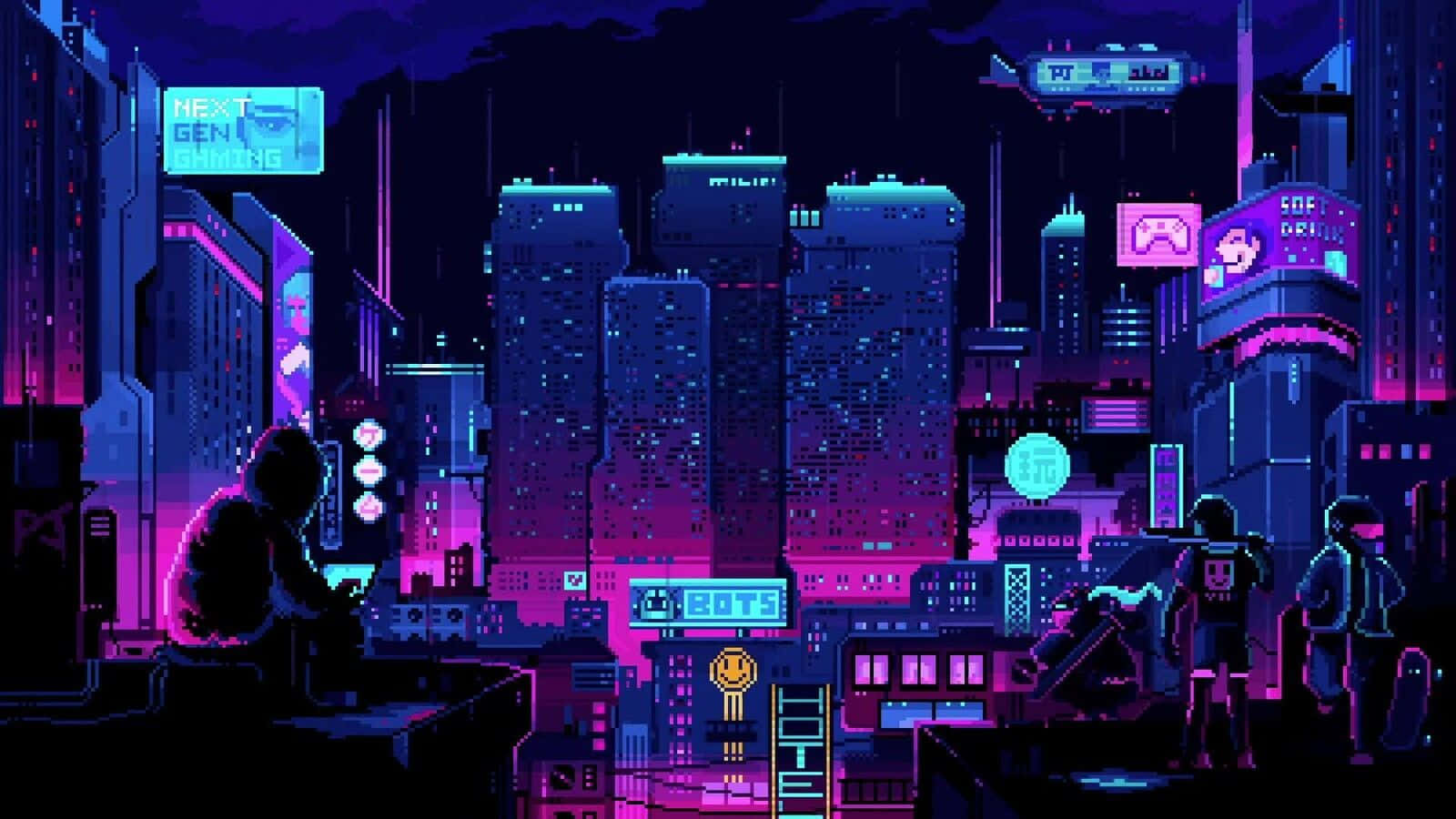 Cyberpunk Rooftop Night View Pixel Art Background
