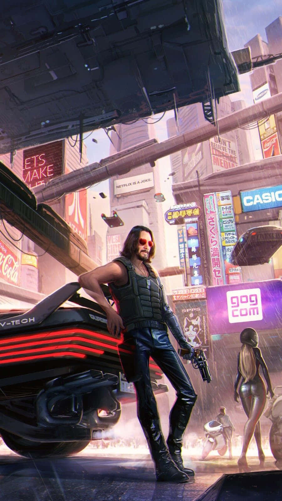 Cyberpunk2077 Characterand Futuristic Cityscape Background