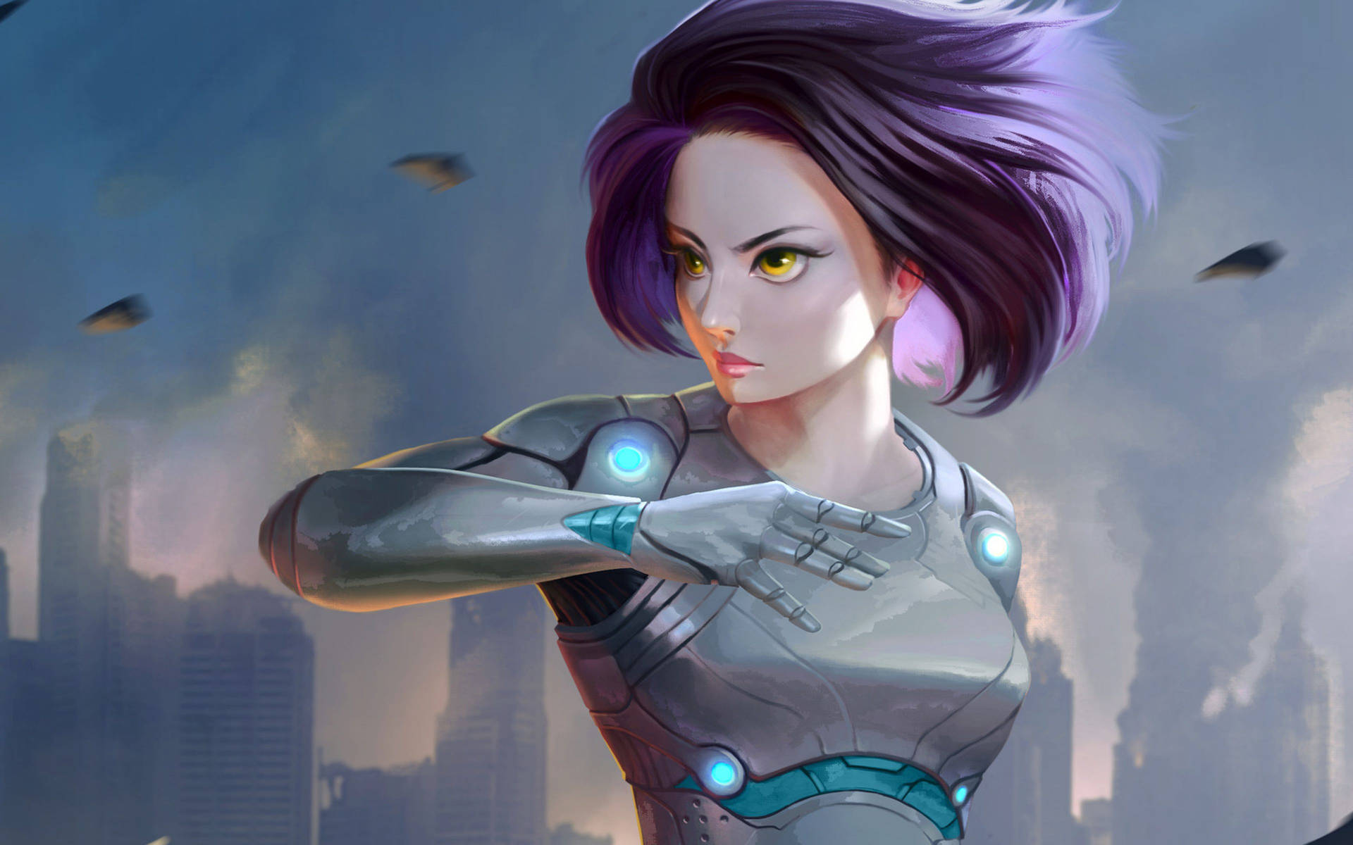Cyborg Alita Battle Angel Purple Hair Background