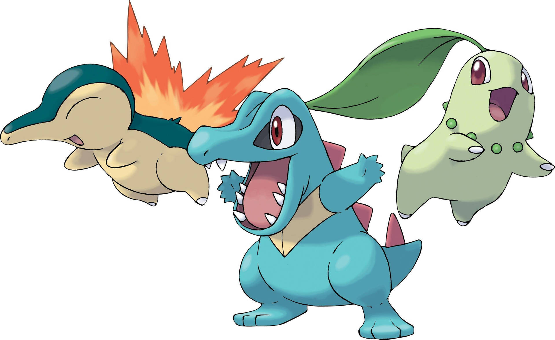 Cyndaquil, Totodile And Chikorita In White Background