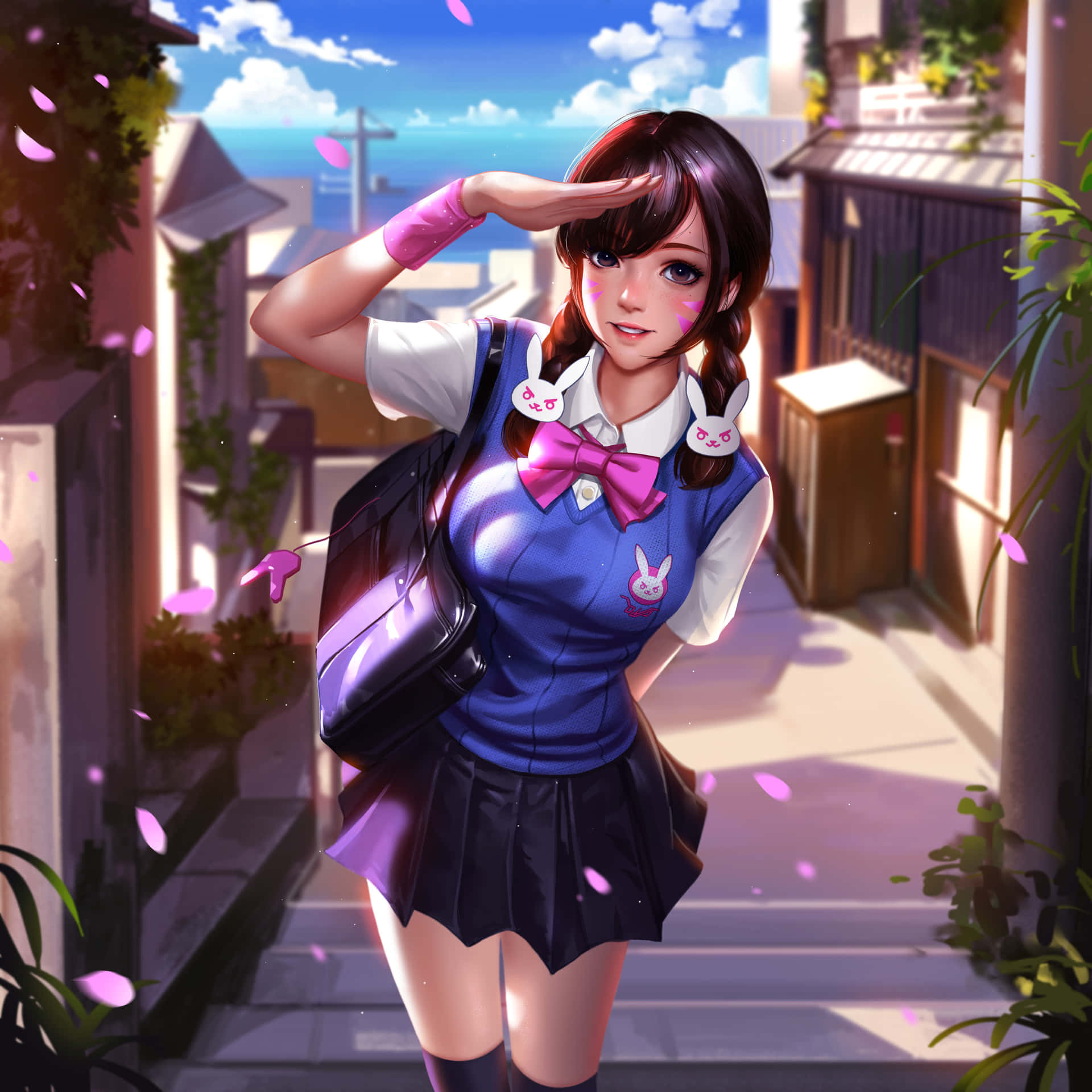 D.va Wearing Thigh Highs With Uniform Background