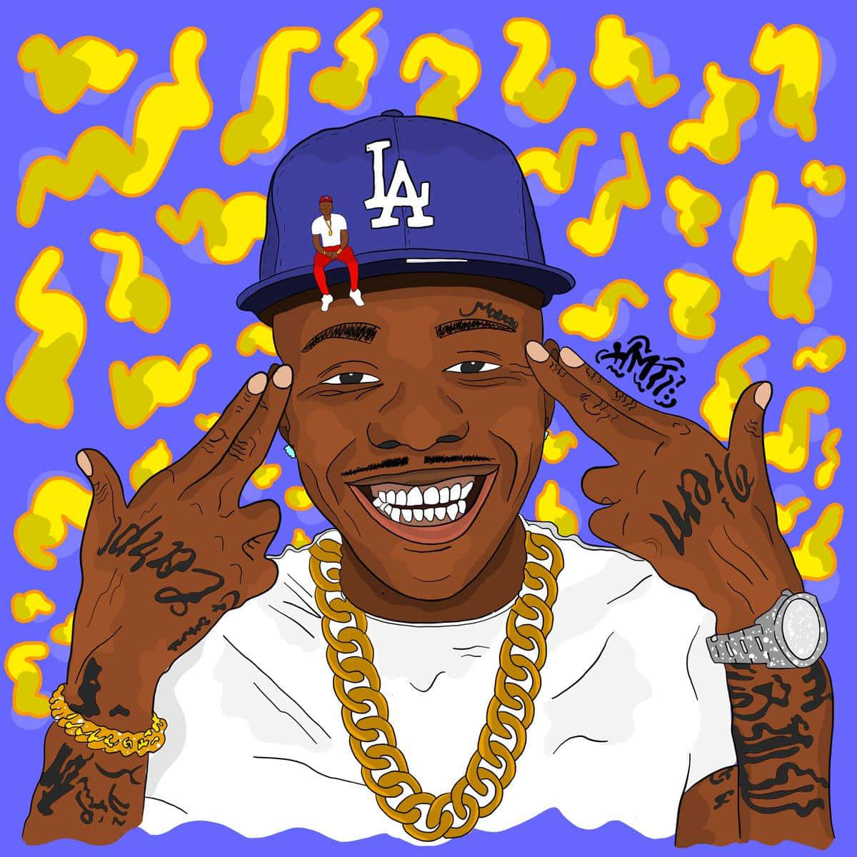 Dababy Cartoon With Yellow Doodles Background