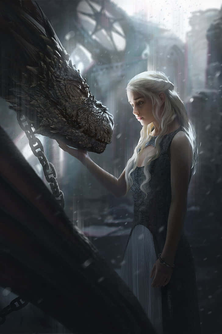 Daenerys Targaryen Riding Majestic Dragon In An Epic Battle Scene Background