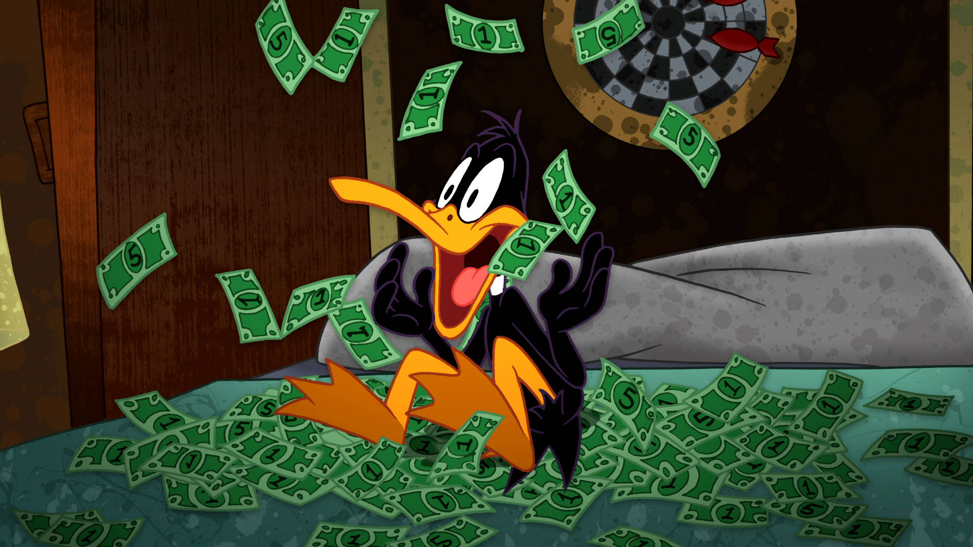 Daffy Duck With Money On Bed Background