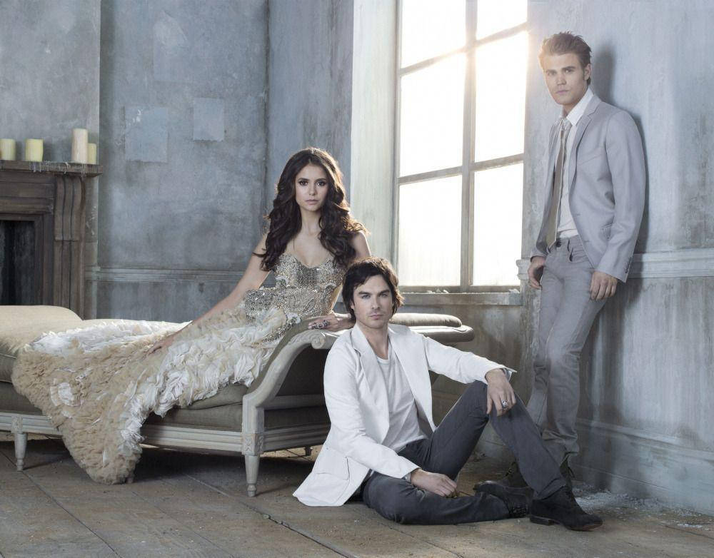 Damon Salvatore With Elena And Stefan Background