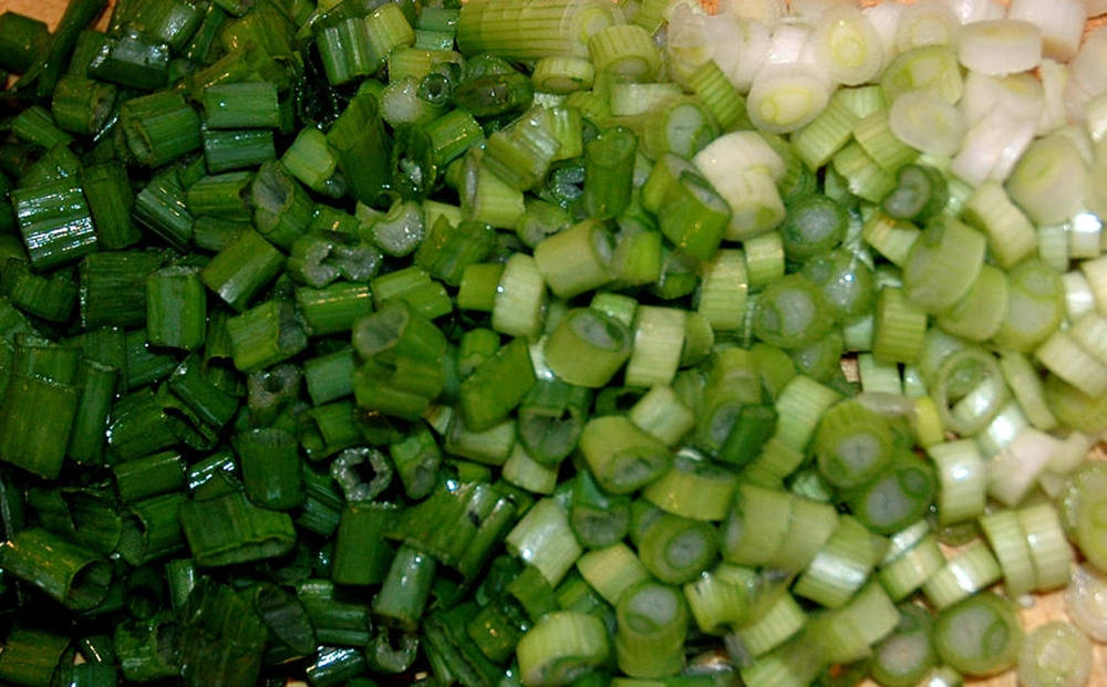 Damp Chopped Pieces Of Spring Onion Background