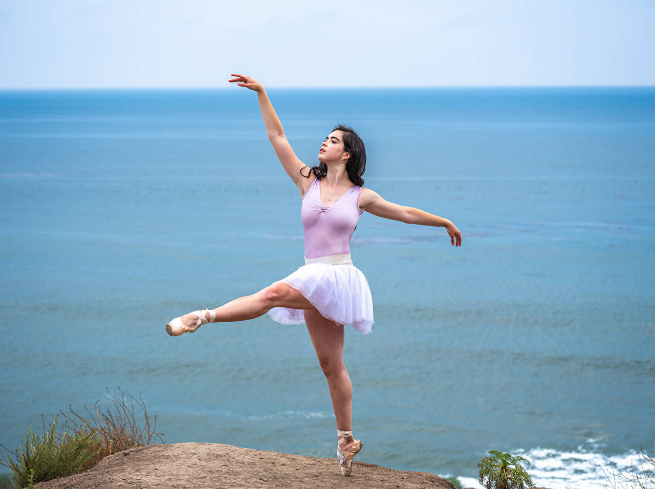 Dance Pose Ballerina Ocean View Background