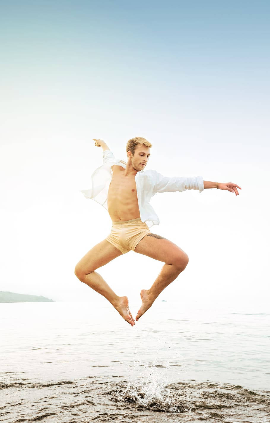 Dance Pose Male Ballet Dancer Beach Background