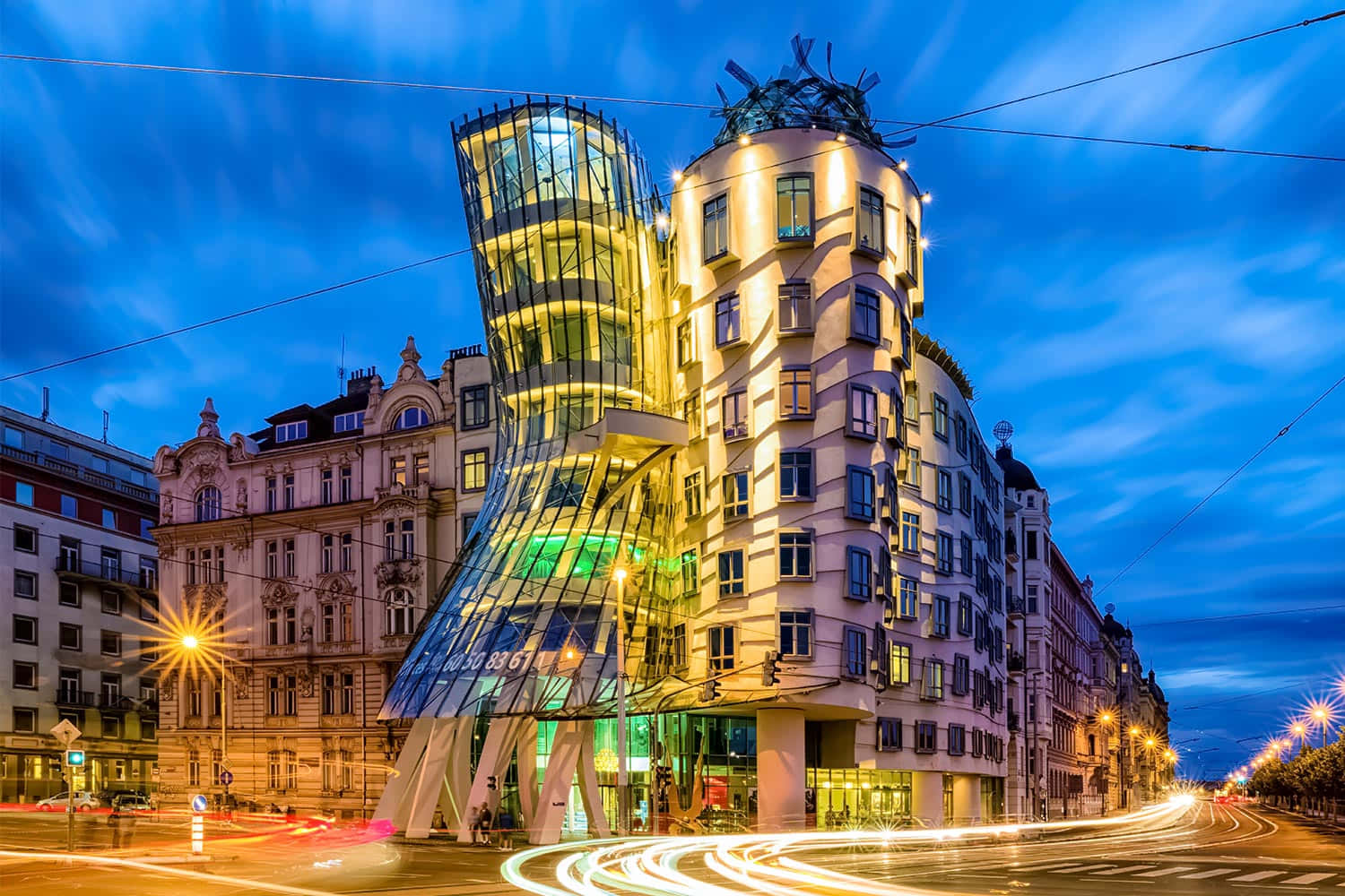 Dancing House Long Exposure At Night Background