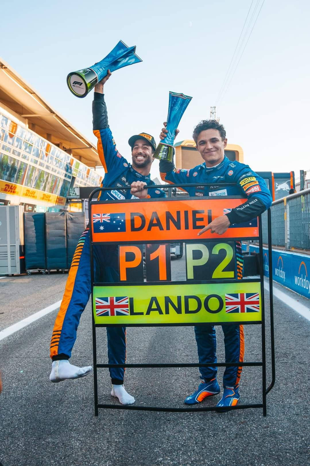 Daniel Ricciardo And Lando Norris Celebrating With Their Trophies Background