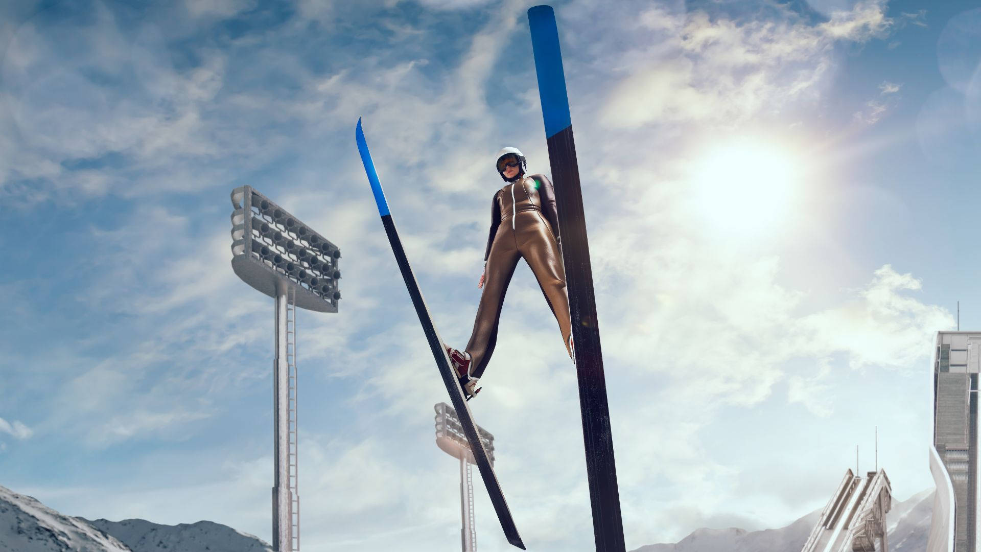 Daredevil Athlete Soaring High In 3d Ski Jumping Game Background