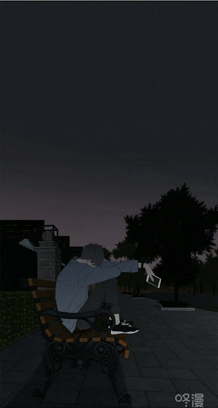 Dark Aesthetic Cartoon Boy Sitting On Bench Background