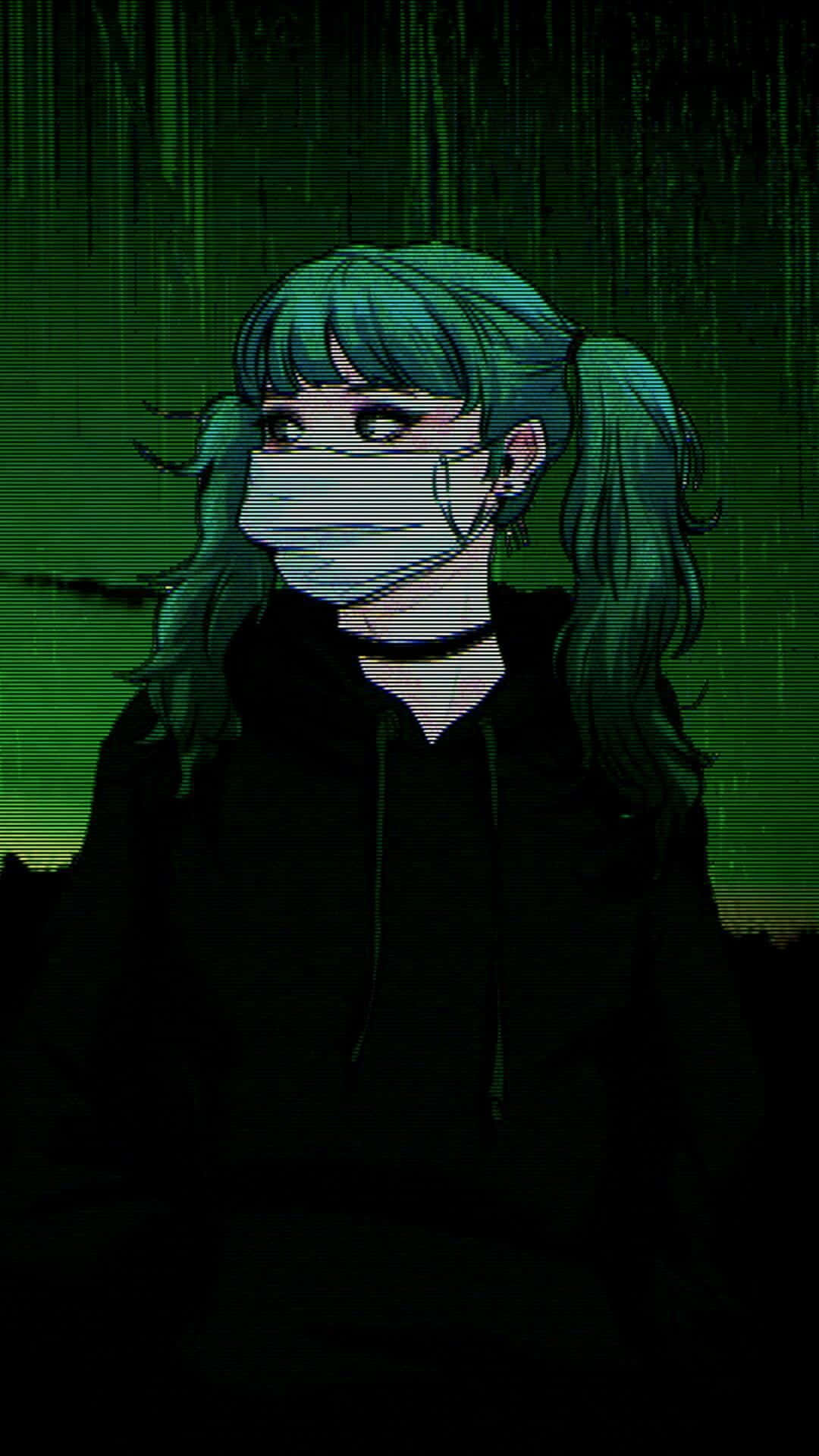 Dark Aesthetic Cartoon Green Hair White Mask Girl Background