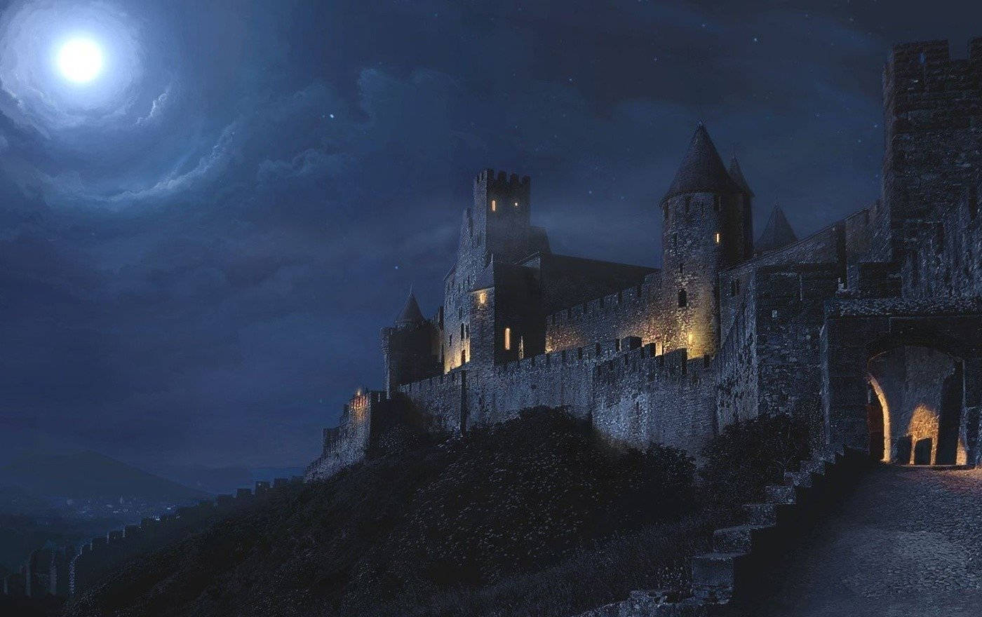 Dark Ages Castle By The Moonlight Background