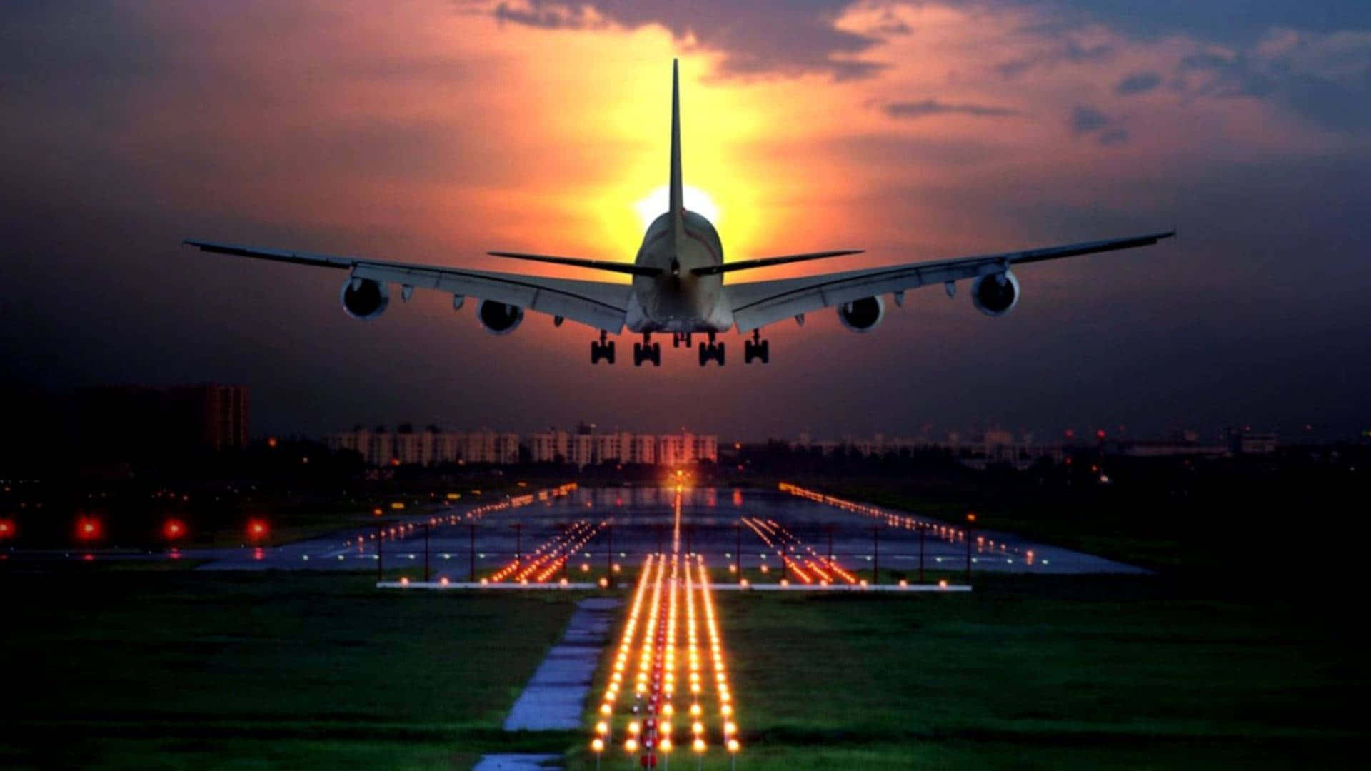 Dark And Cloudy Sunset Airplane Departure Background