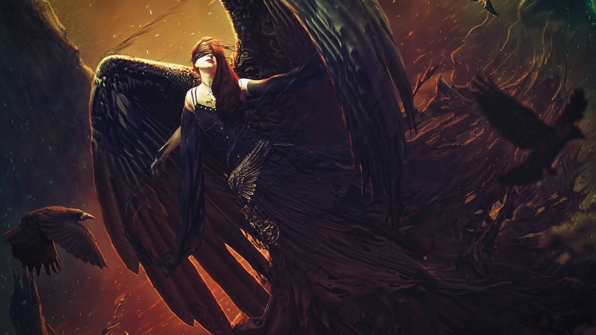 Dark Angel With Crow Background