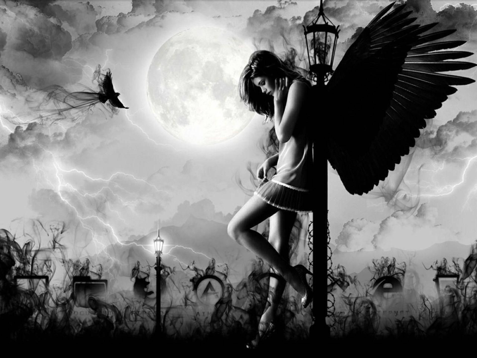Dark Angel With Full Moon Background