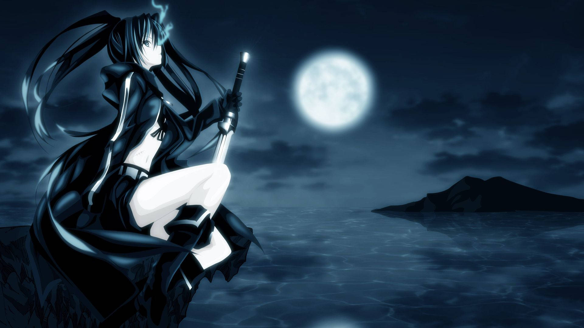 Dark Anime Girl Under Moonlight Background