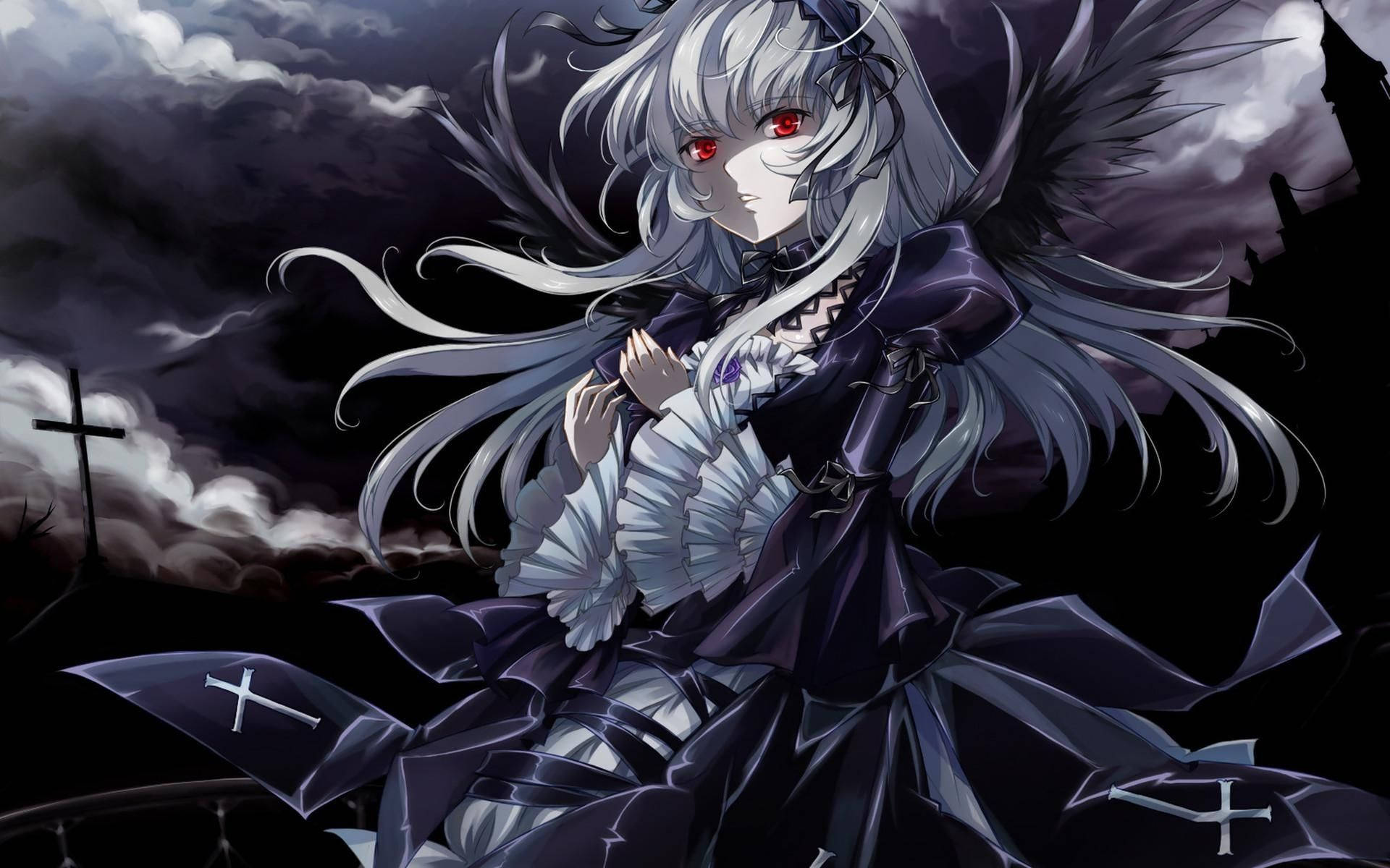 Anime goth demon girl profile, 1800s black dress, ho...