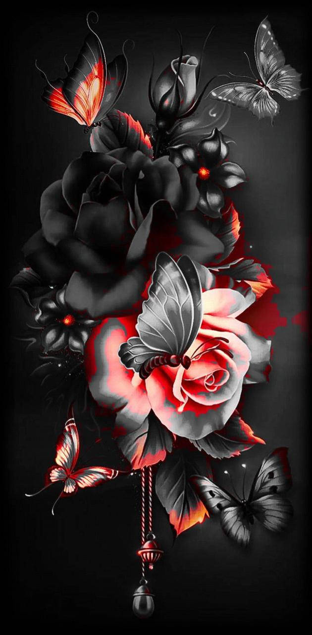 Dark Black Floral With Butterflies Background