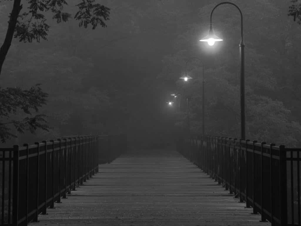 Dark Depressing Pathway With Dim Lamp Posts
