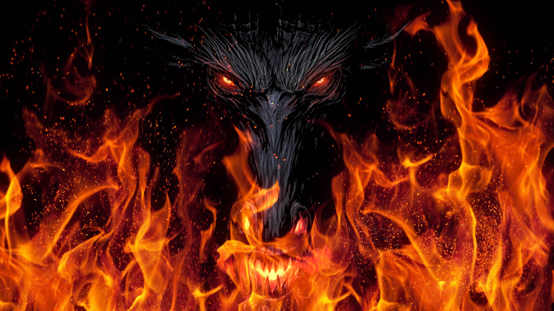 Dark Devil Face Behind Flames Background