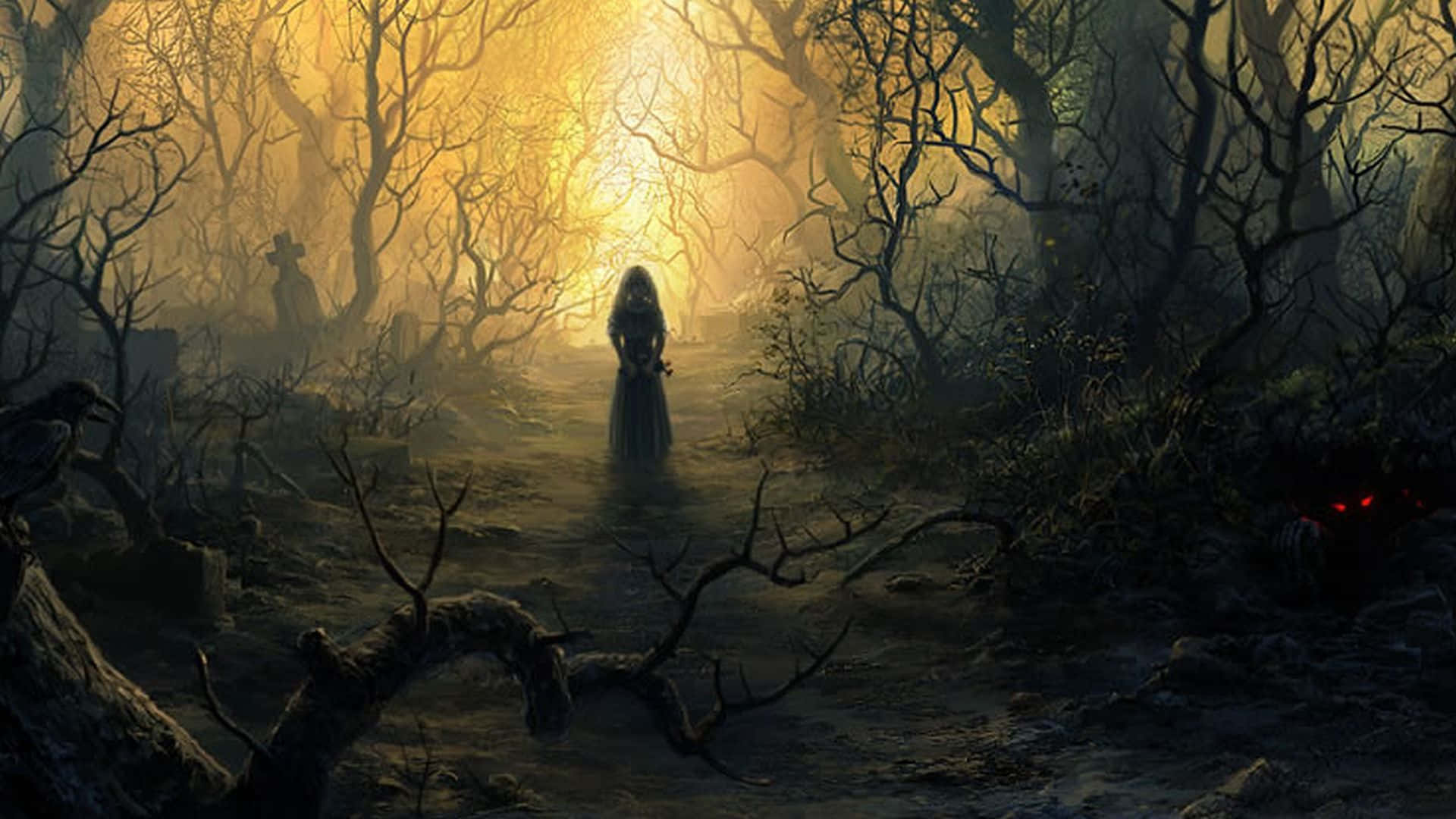 Dark Fantasy Girl In The Forest Background