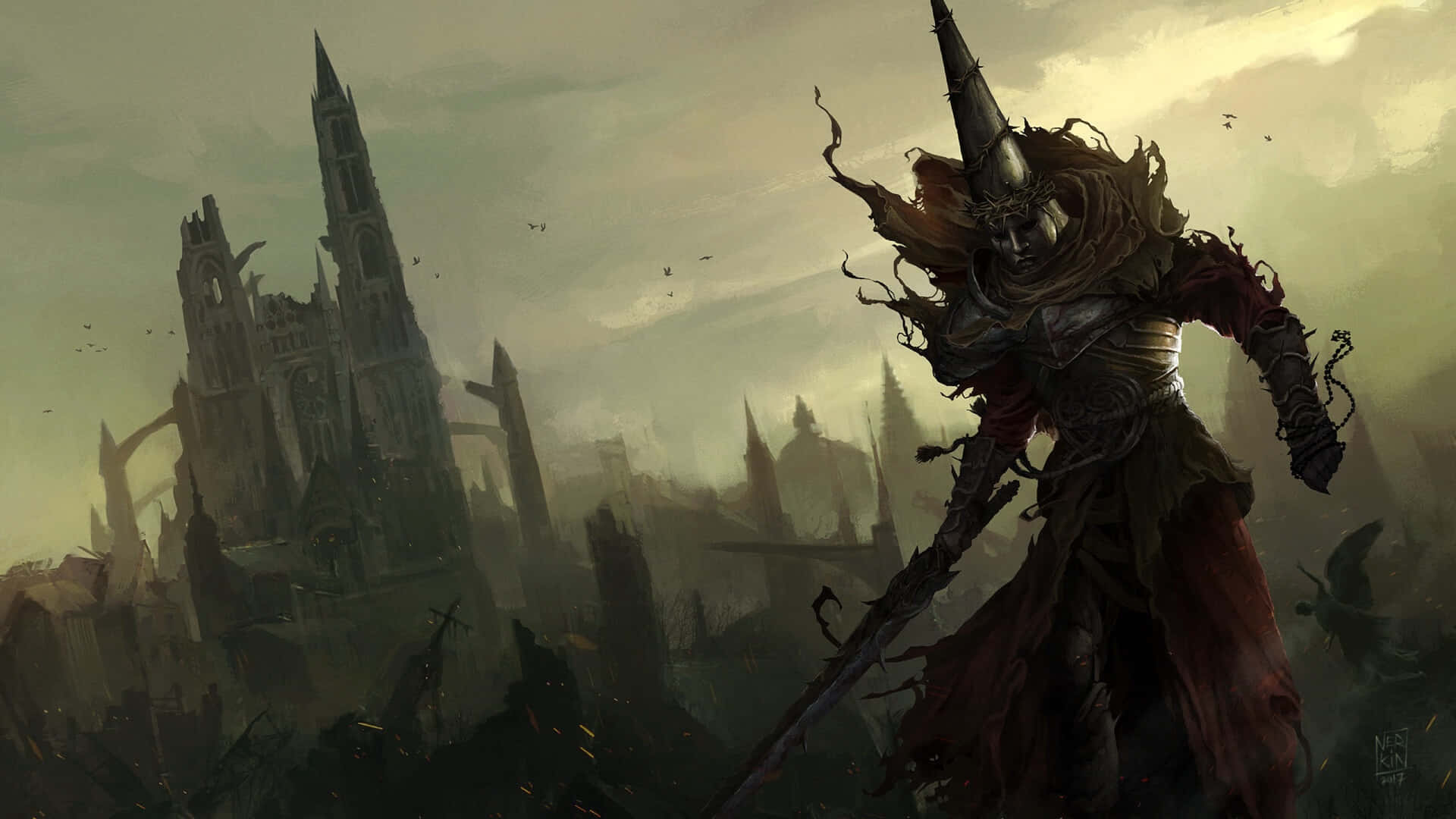 Dark_ Fantasy_ Warrior_ Before_ Ruined_ Cathedral Background