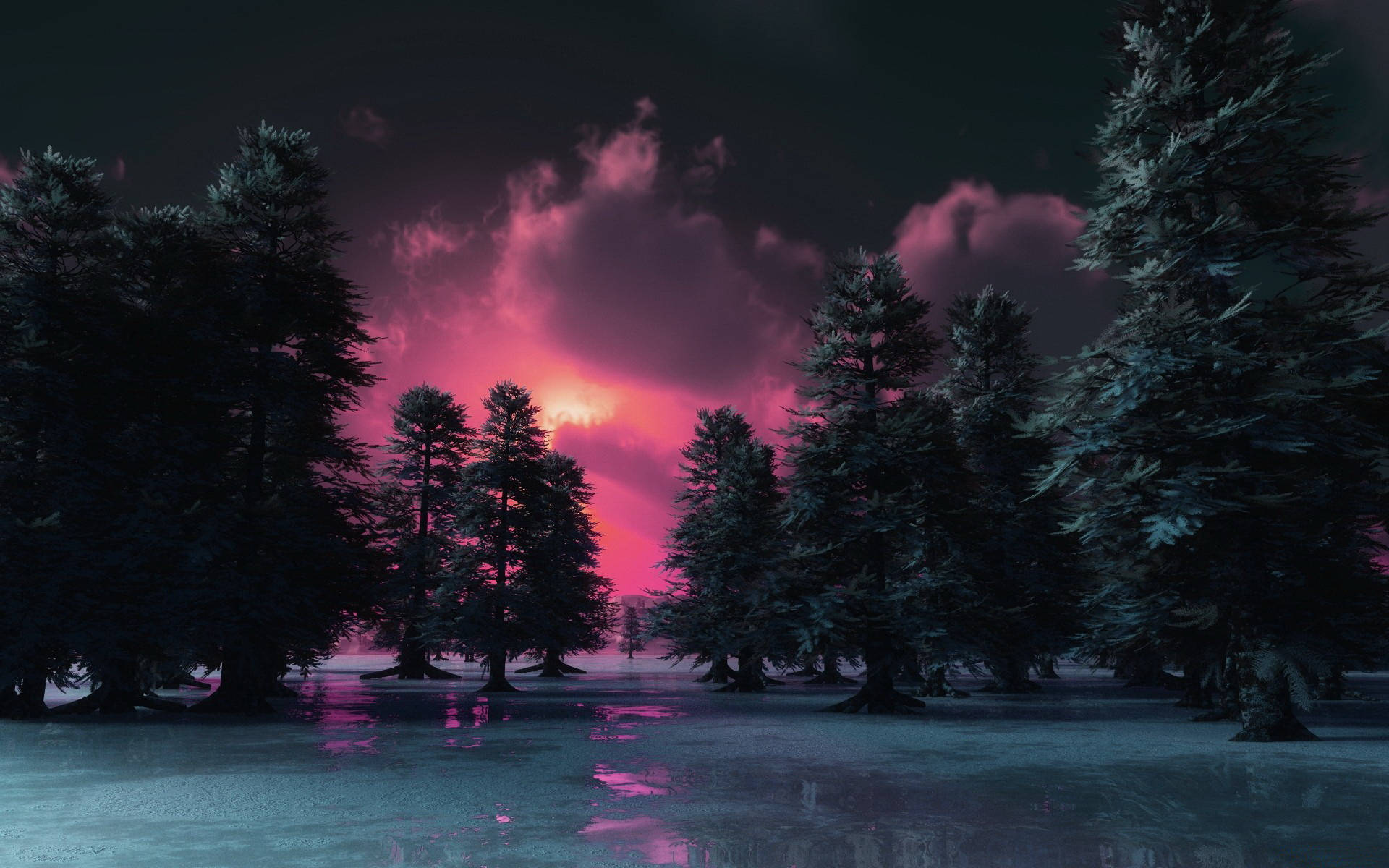 Dark Forest Sunset Desktop